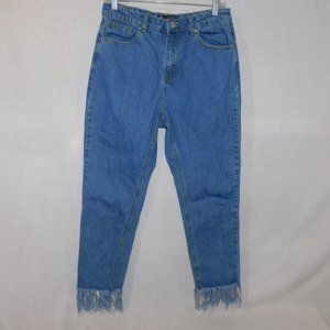 MISGUIDED RIOT Rigid High Rise Womens 8 Mom Blue Jeans Raw Frayed Fringe Hem